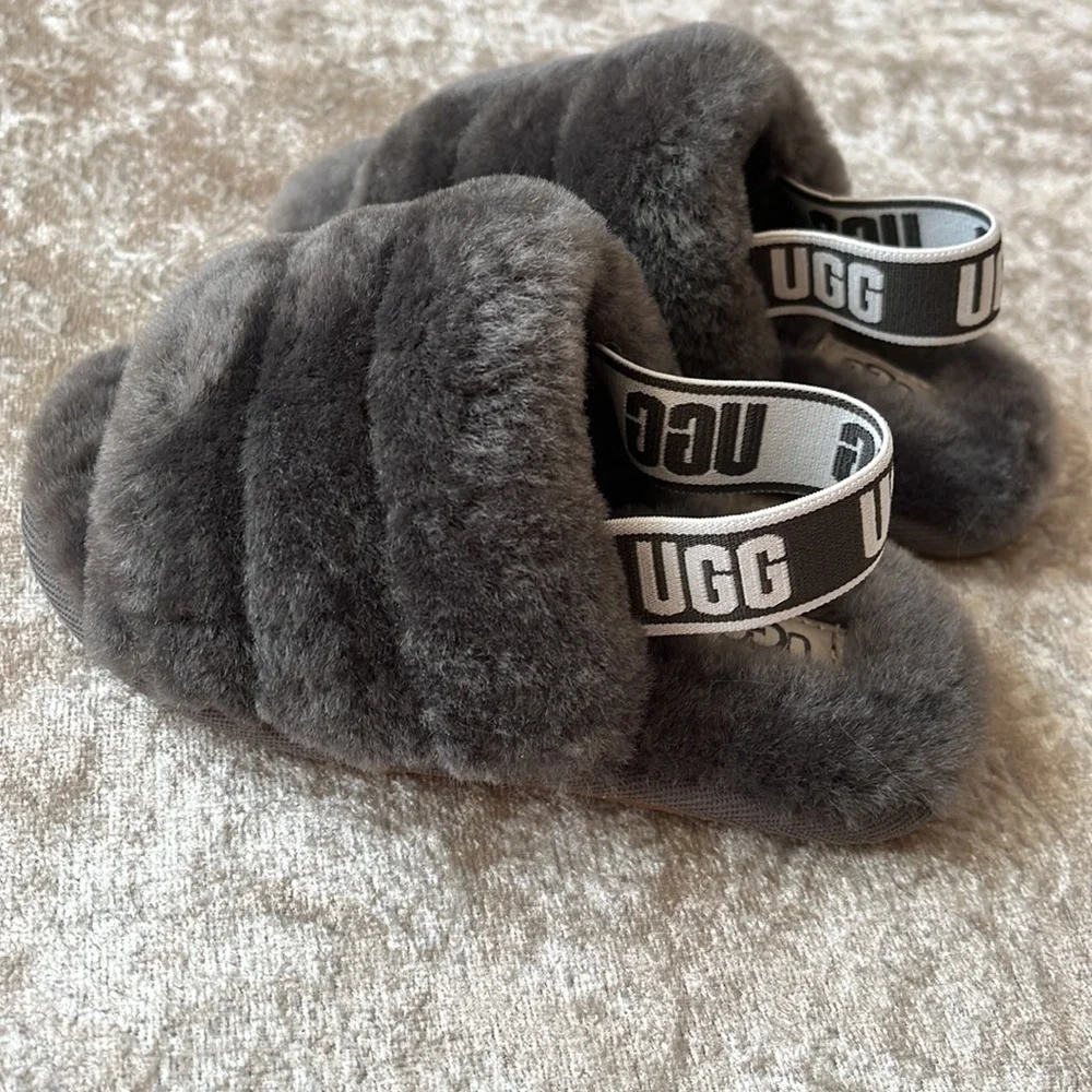 Brand New UGG Fluff Yeah Slides Baby & Toddler Gray Genuine Sheepskin Slipper